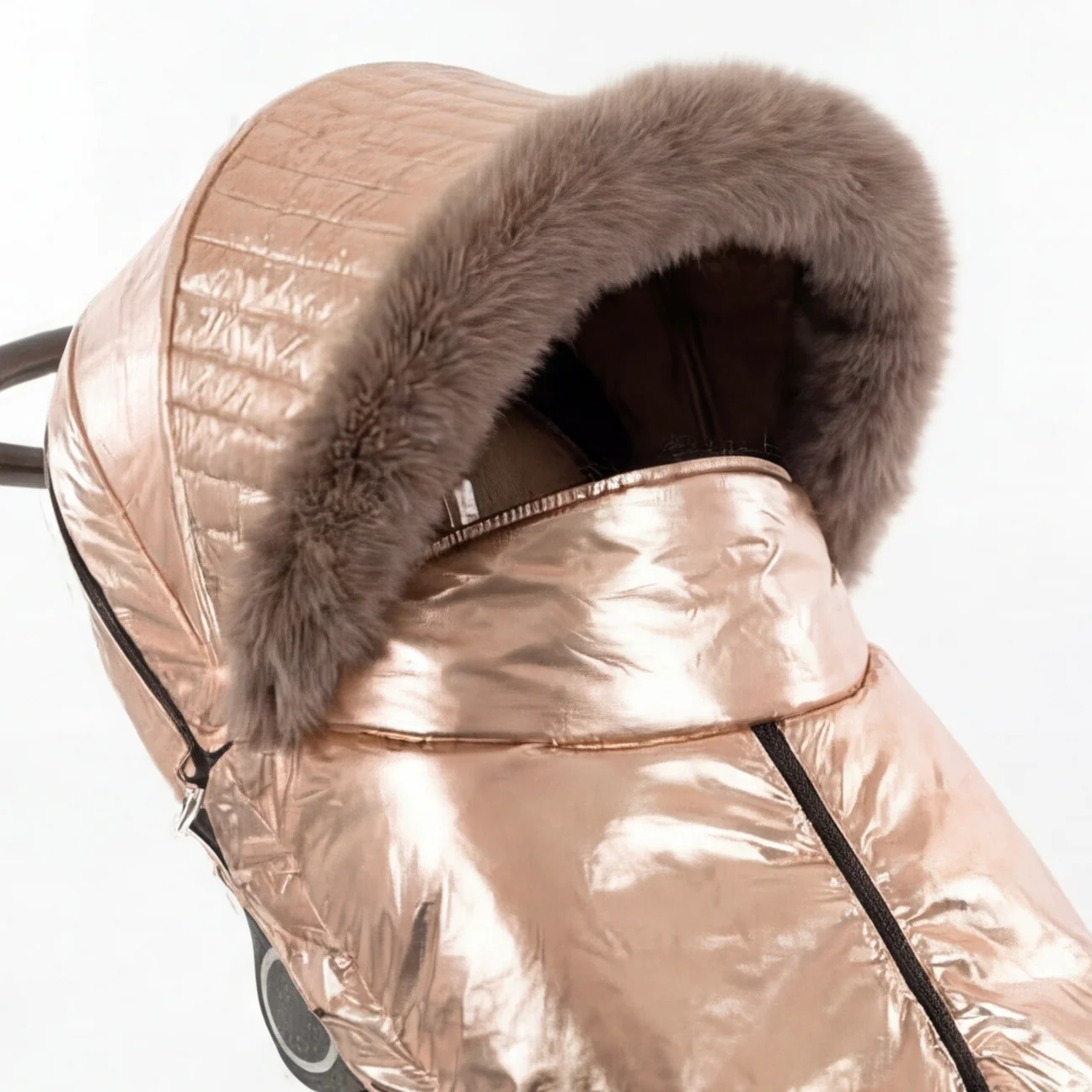 Rose Gold Metallic Stroller Cover Set with Fur Trim – Custom Made - Image 6