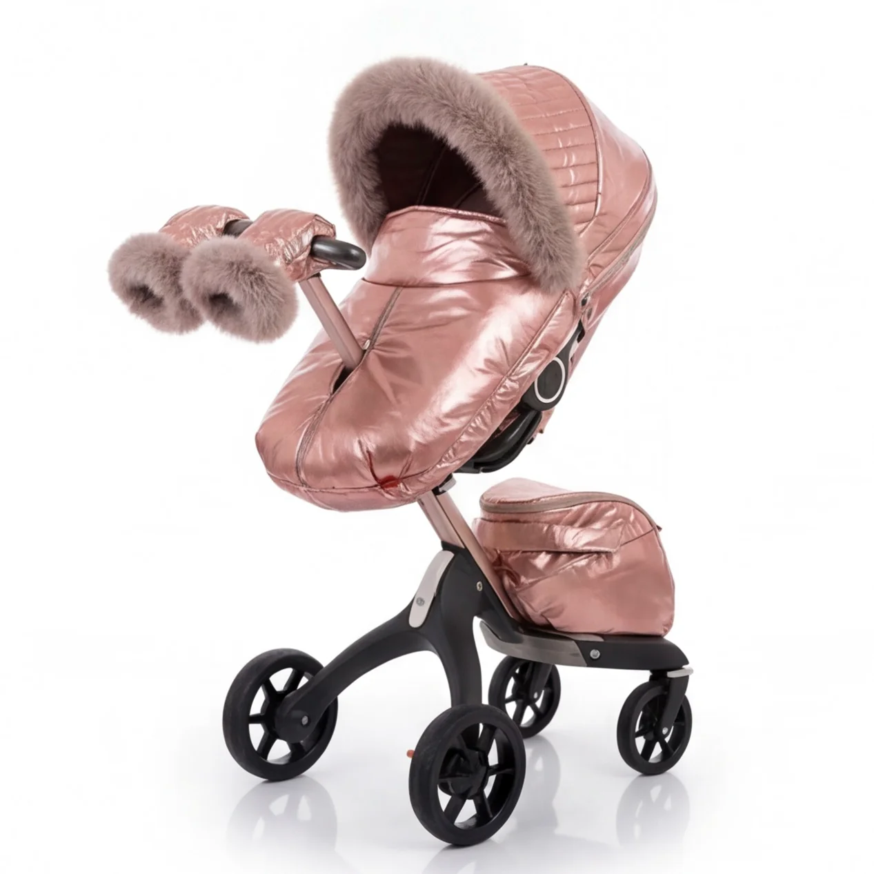 Rose Gold Metallic Stroller Cover Set with Quilted Canopy & Grey Fur – Custom Made - Image 3