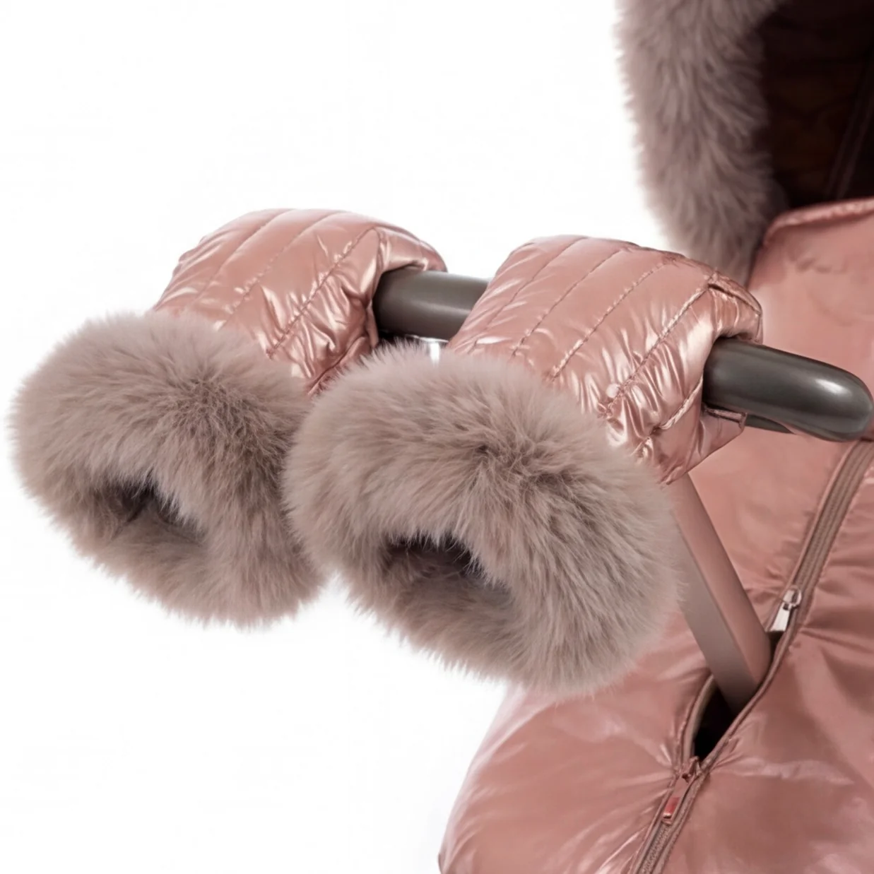 Rose Gold Metallic Stroller Cover Set with Quilted Canopy & Grey Fur – Custom Made - Image 4