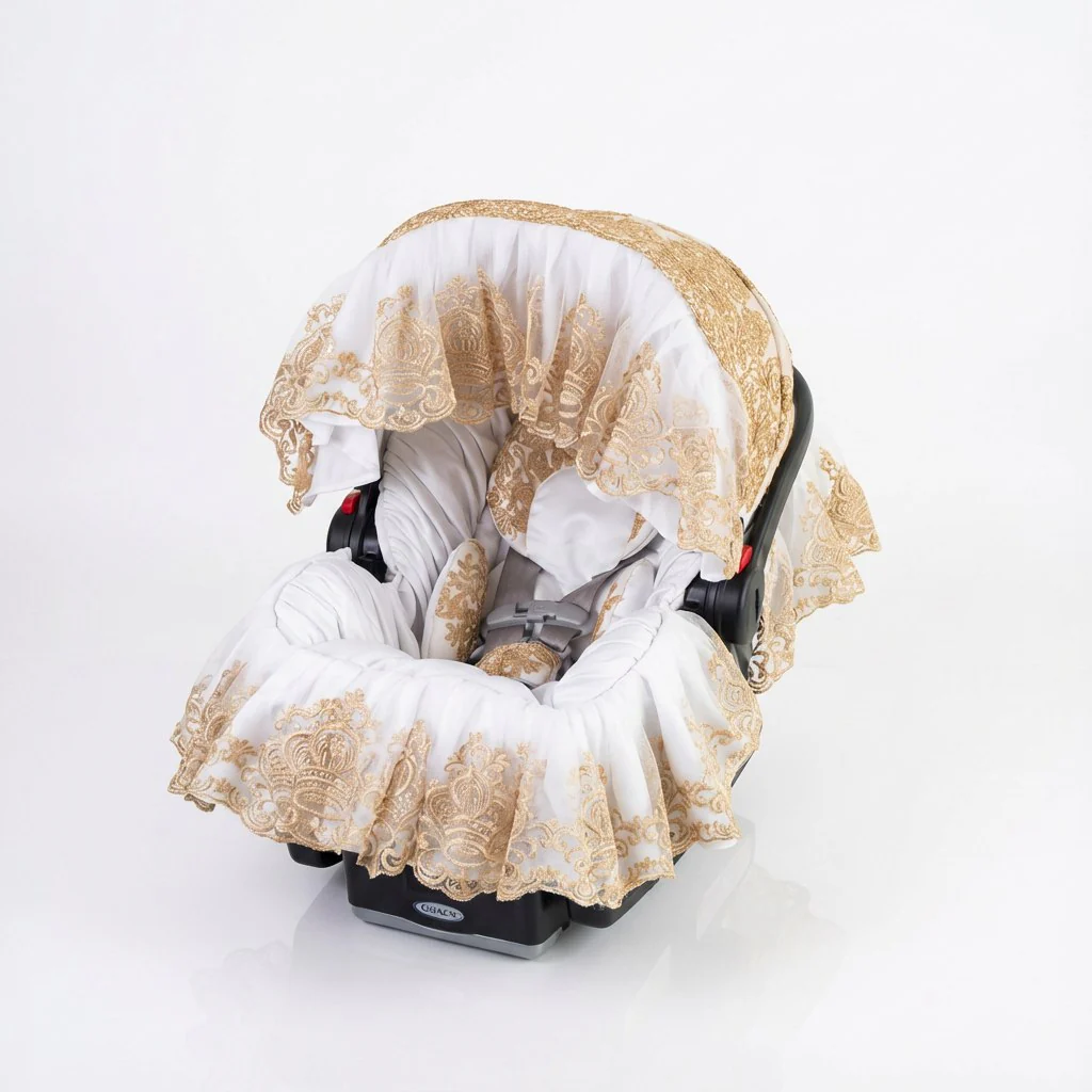 White & Gold Lace Baby Car Seat Cover Set with Personalization