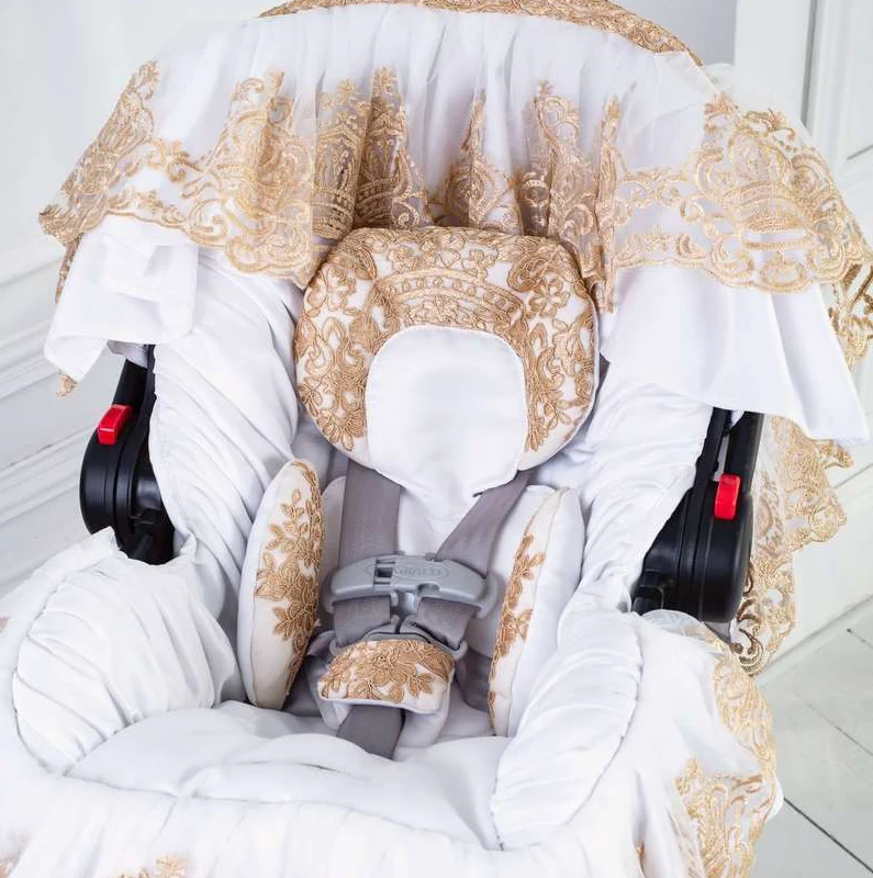 White & Gold Lace Baby Car Seat Cover Set with Personalization - Image 2