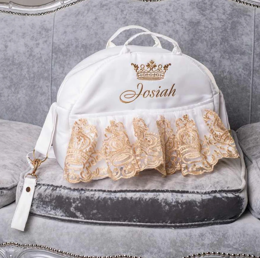 White & Gold Lace Baby Car Seat Cover Set with Personalization - Image 3