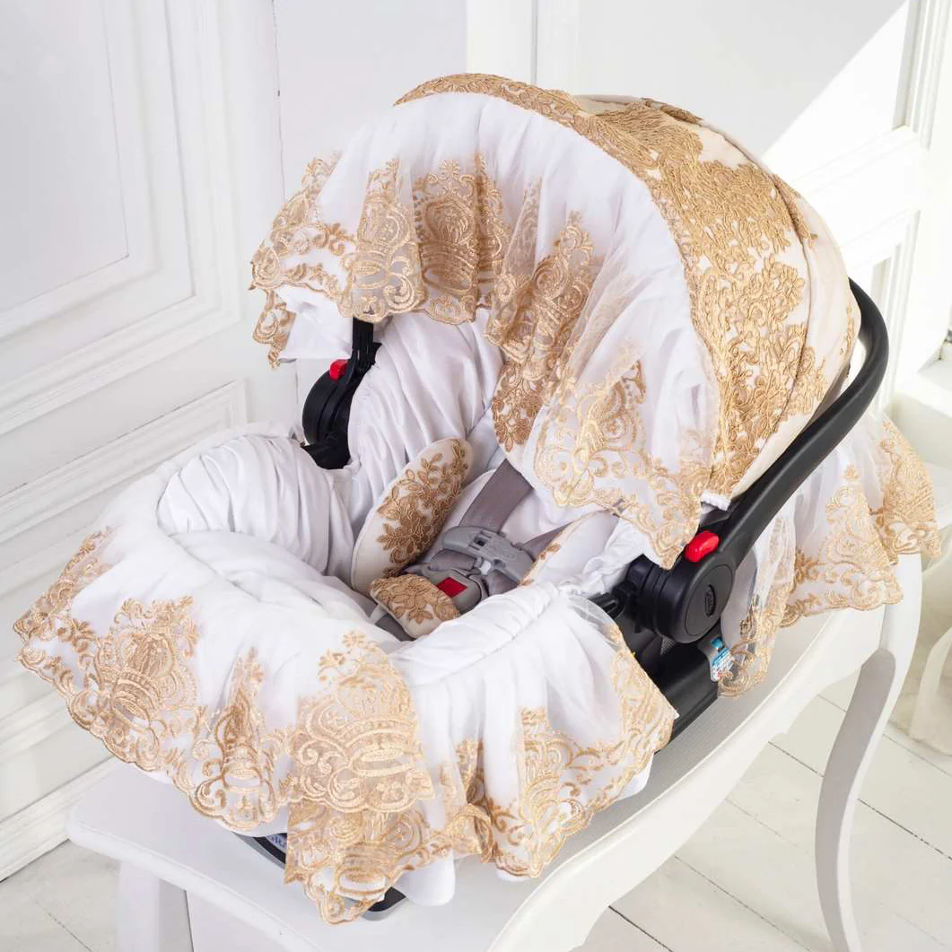 White & Gold Lace Baby Car Seat Cover Set with Personalization - Image 5