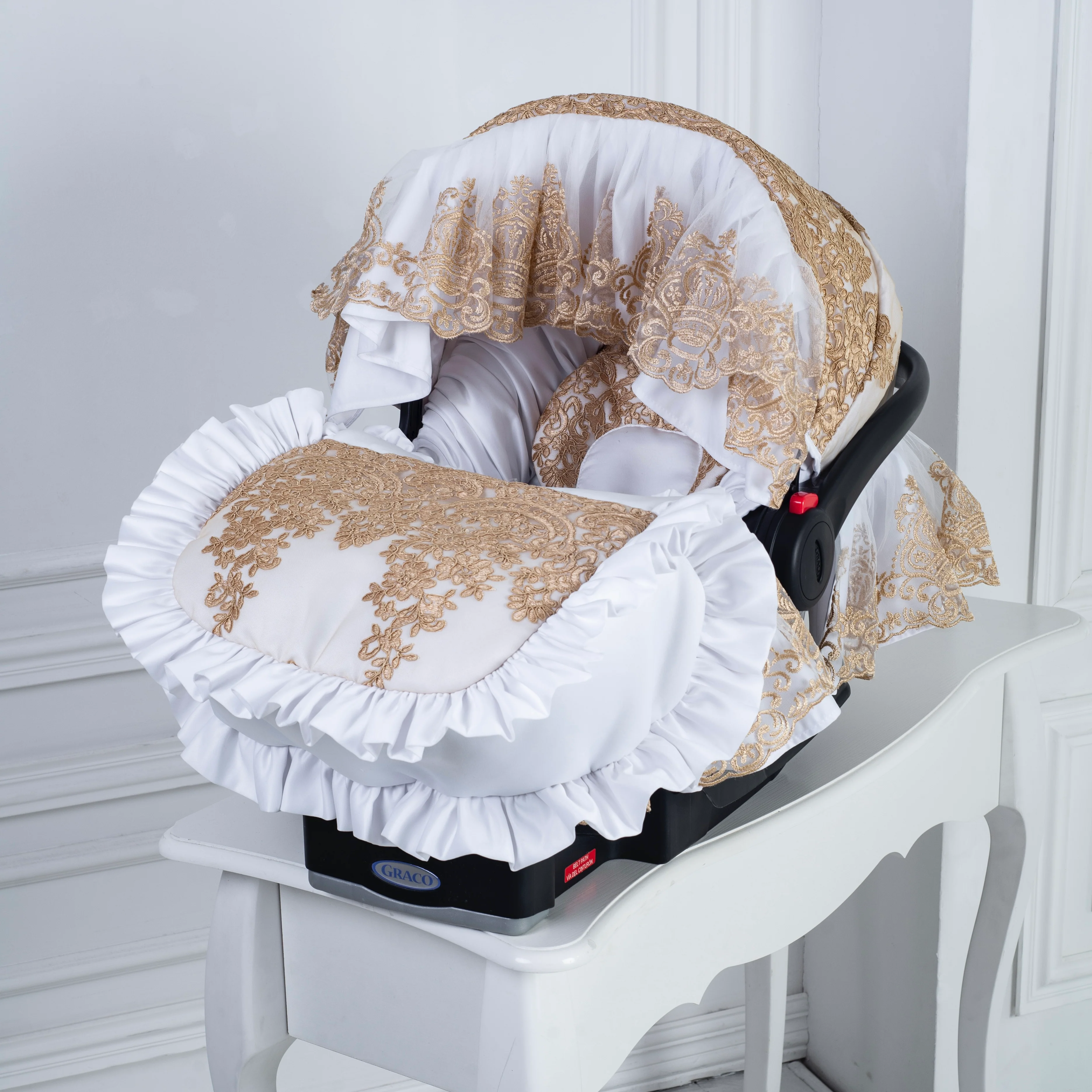 White & Gold Lace Baby Car Seat Cover Set with Personalization - Image 6